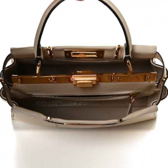 FENDI Agnello Old Shine Medium Peekaboo Iconic Satchel Camelia Cream Gold H/W - Picture 10 of 11